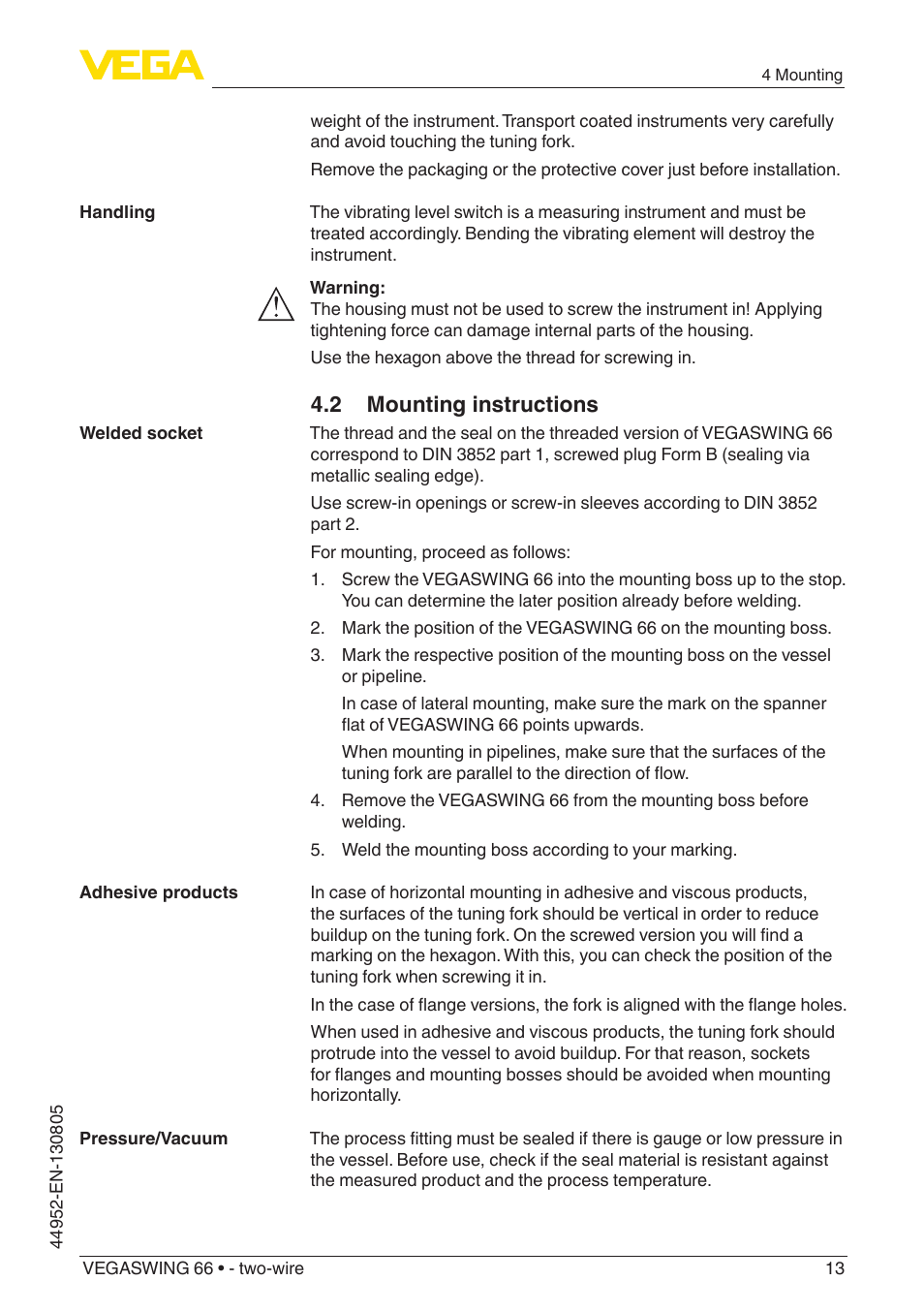 2 mounting instructions | VEGA VEGASWING 66 - two-wire With SIL qualification User Manual | Page 13 / 44