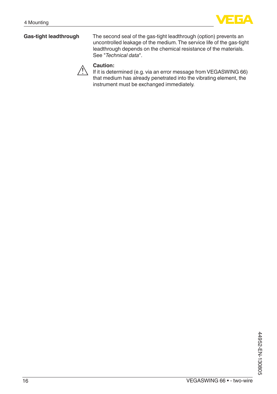 VEGA VEGASWING 66 - two-wire With SIL qualification User Manual | Page 16 / 44