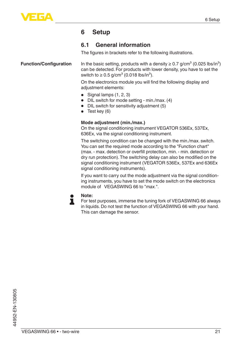 6 setup, 1 general information | VEGA VEGASWING 66 - two-wire With SIL qualification User Manual | Page 21 / 44