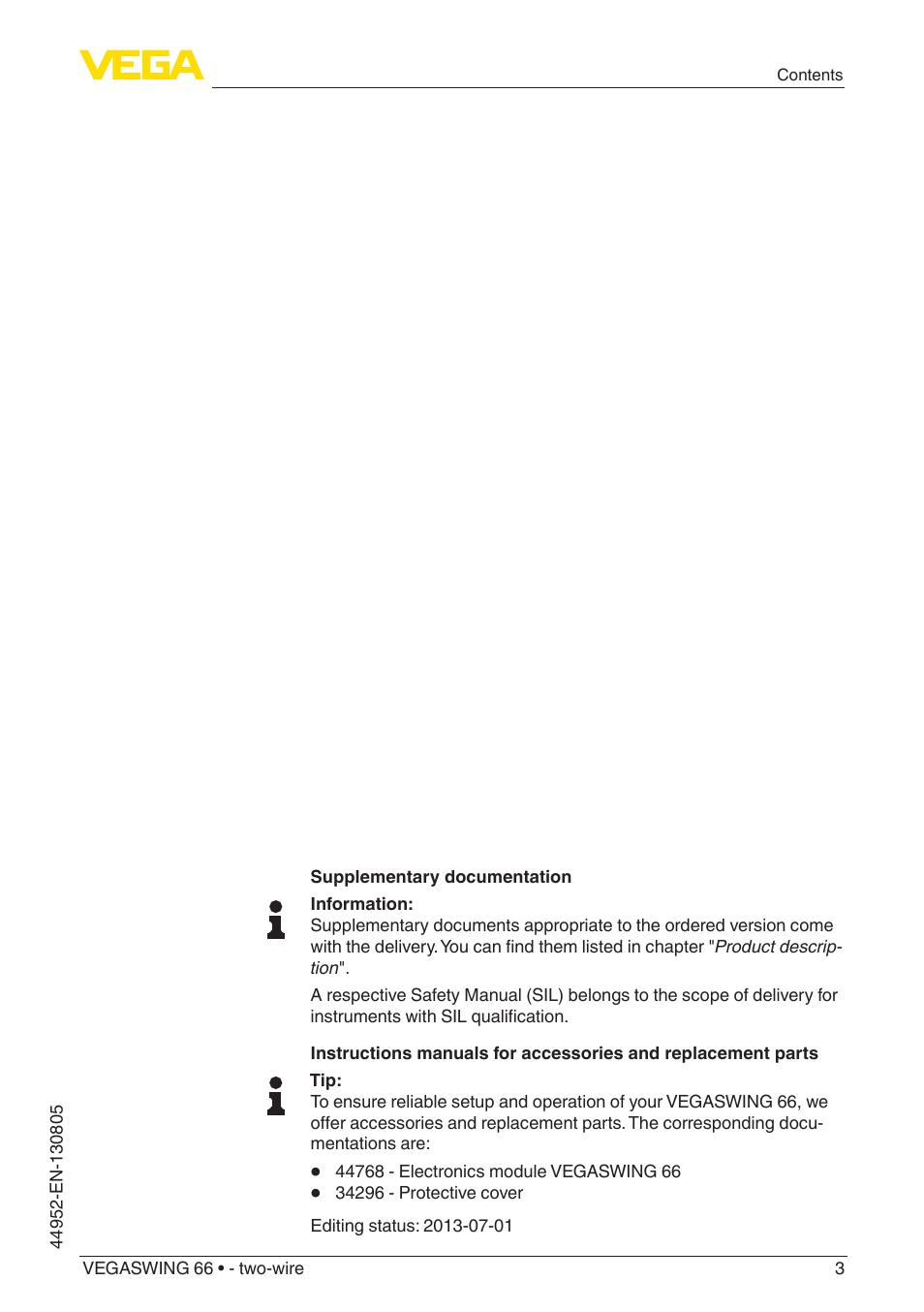 VEGA VEGASWING 66 - two-wire With SIL qualification User Manual | Page 3 / 44