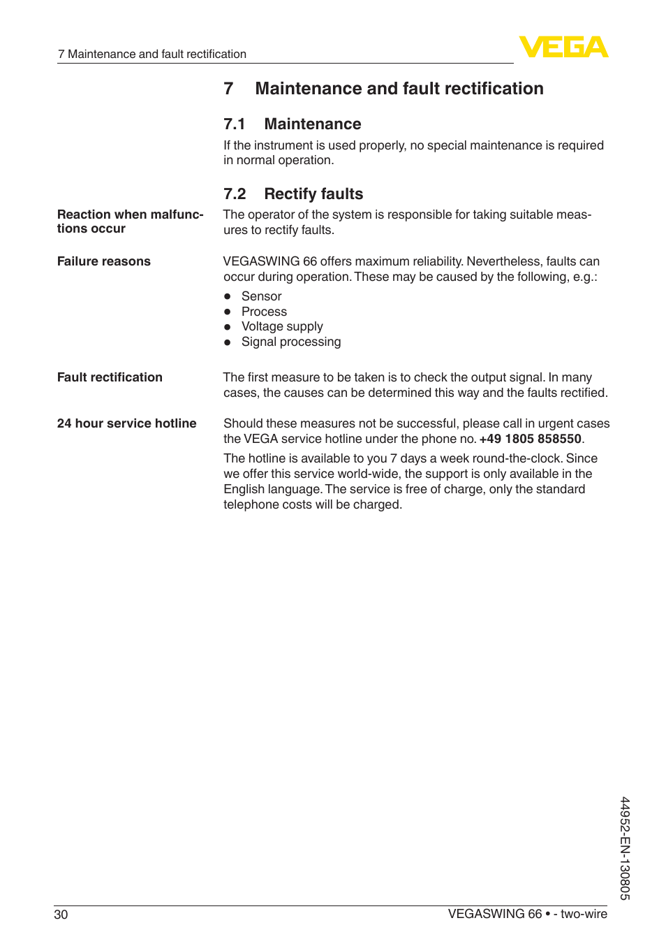 7 maintenance and fault rectification, 1 maintenance, 2 rectify faults | VEGA VEGASWING 66 - two-wire With SIL qualification User Manual | Page 30 / 44