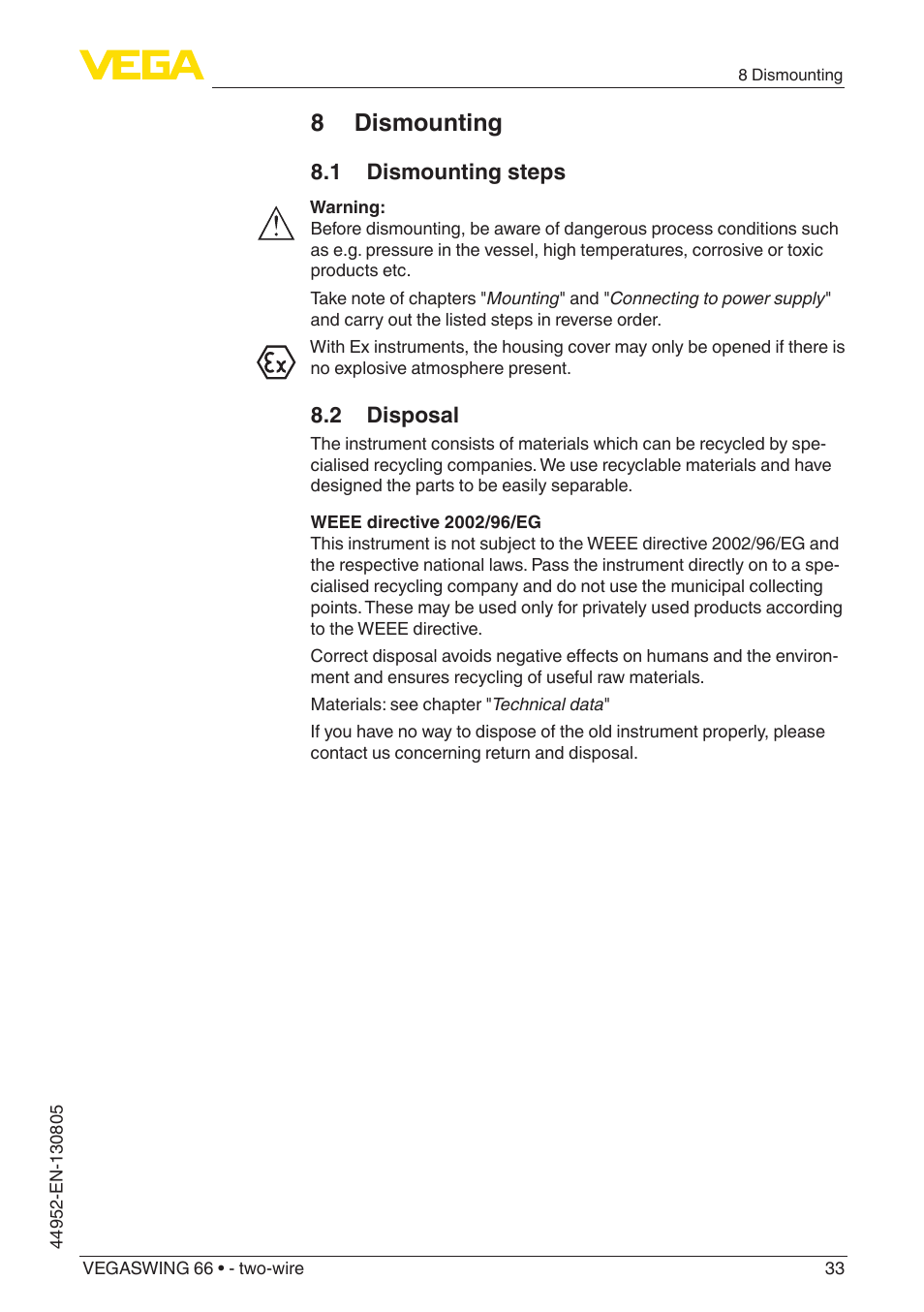 8 dismounting, 1 dismounting steps, 2 disposal | VEGA VEGASWING 66 - two-wire With SIL qualification User Manual | Page 33 / 44