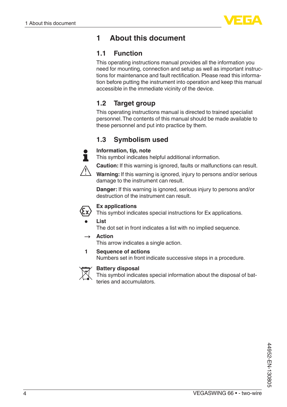 1 about this document, 1 function, 2 target group | 3 symbolism used | VEGA VEGASWING 66 - two-wire With SIL qualification User Manual | Page 4 / 44