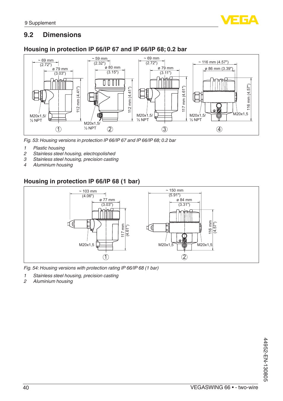 2 dimensions | VEGA VEGASWING 66 - two-wire With SIL qualification User Manual | Page 40 / 44