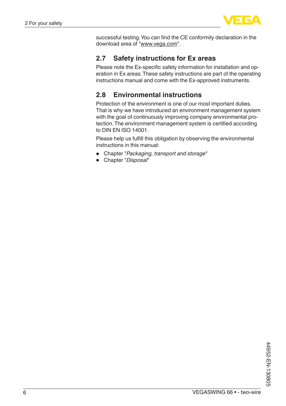 7 safety instructions for ex areas, 8 environmental instructions | VEGA VEGASWING 66 - two-wire With SIL qualification User Manual | Page 6 / 44