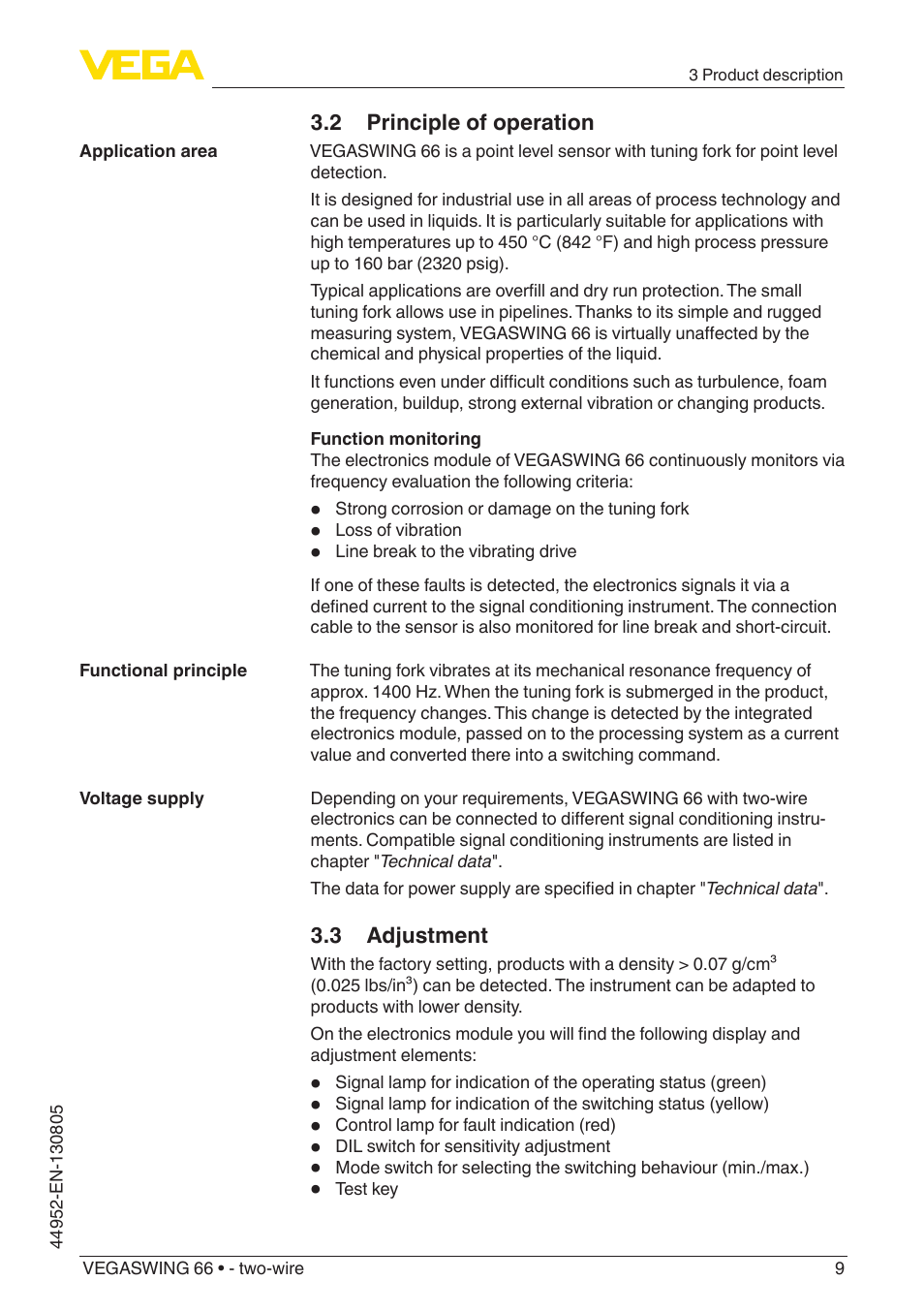 2 principle of operation, 3 adjustment | VEGA VEGASWING 66 - two-wire With SIL qualification User Manual | Page 9 / 44