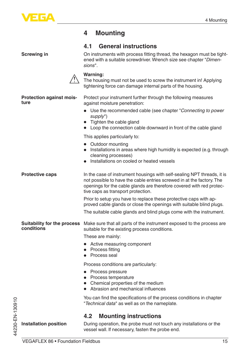 4 mounting, 1 general instructions, 2 mounting instructions | VEGA VEGAFLEX 86 Foundation Fieldbus Coax probe User Manual | Page 15 / 92