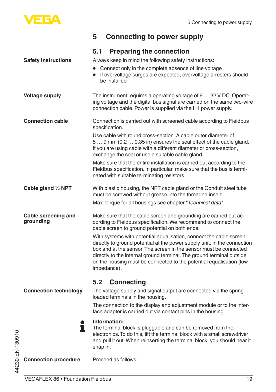 5 connecting to power supply, 1 preparing the connection, 2 connecting | VEGA VEGAFLEX 86 Foundation Fieldbus Coax probe User Manual | Page 19 / 92