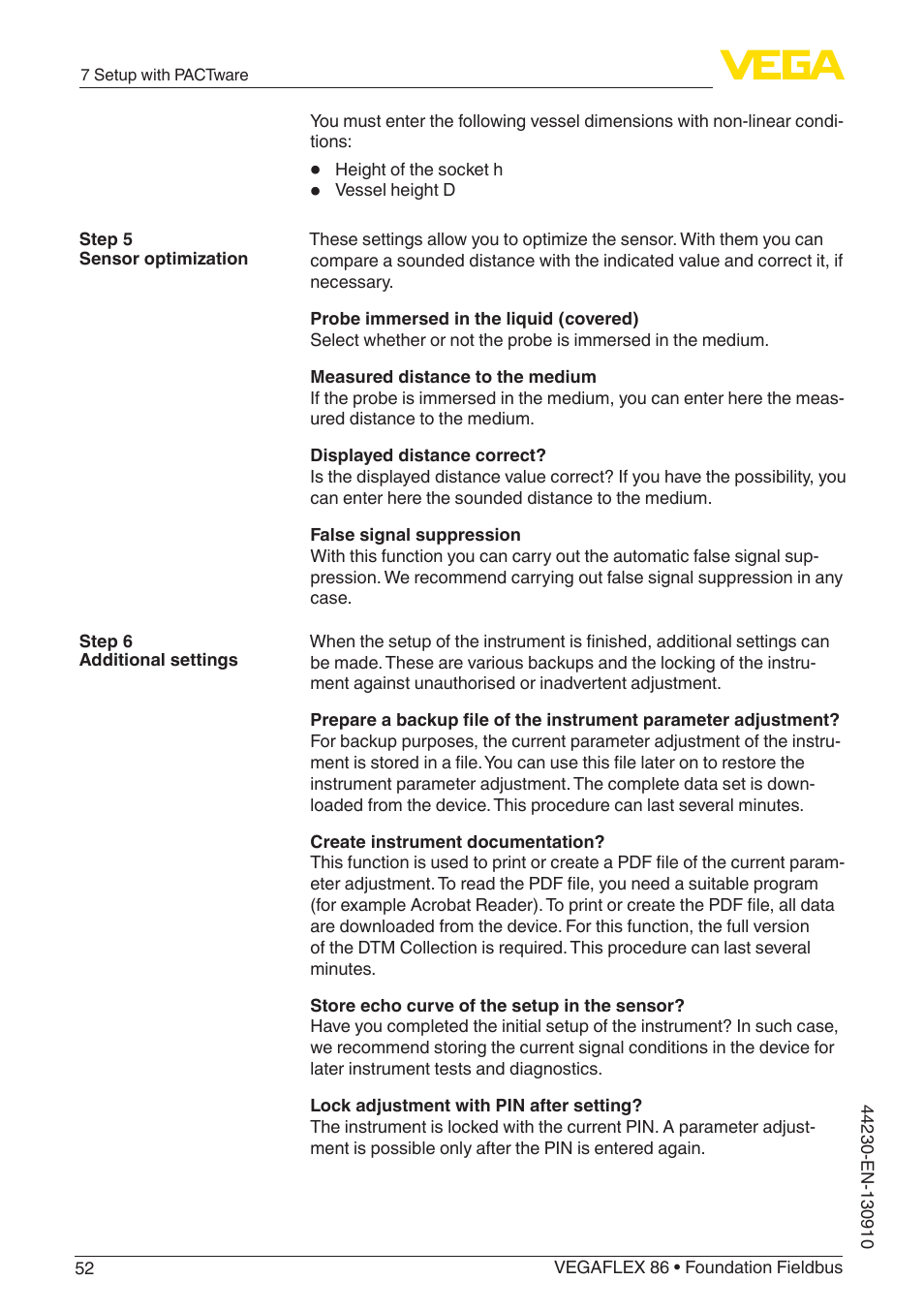 VEGA VEGAFLEX 86 Foundation Fieldbus Coax probe User Manual | Page 52 / 92