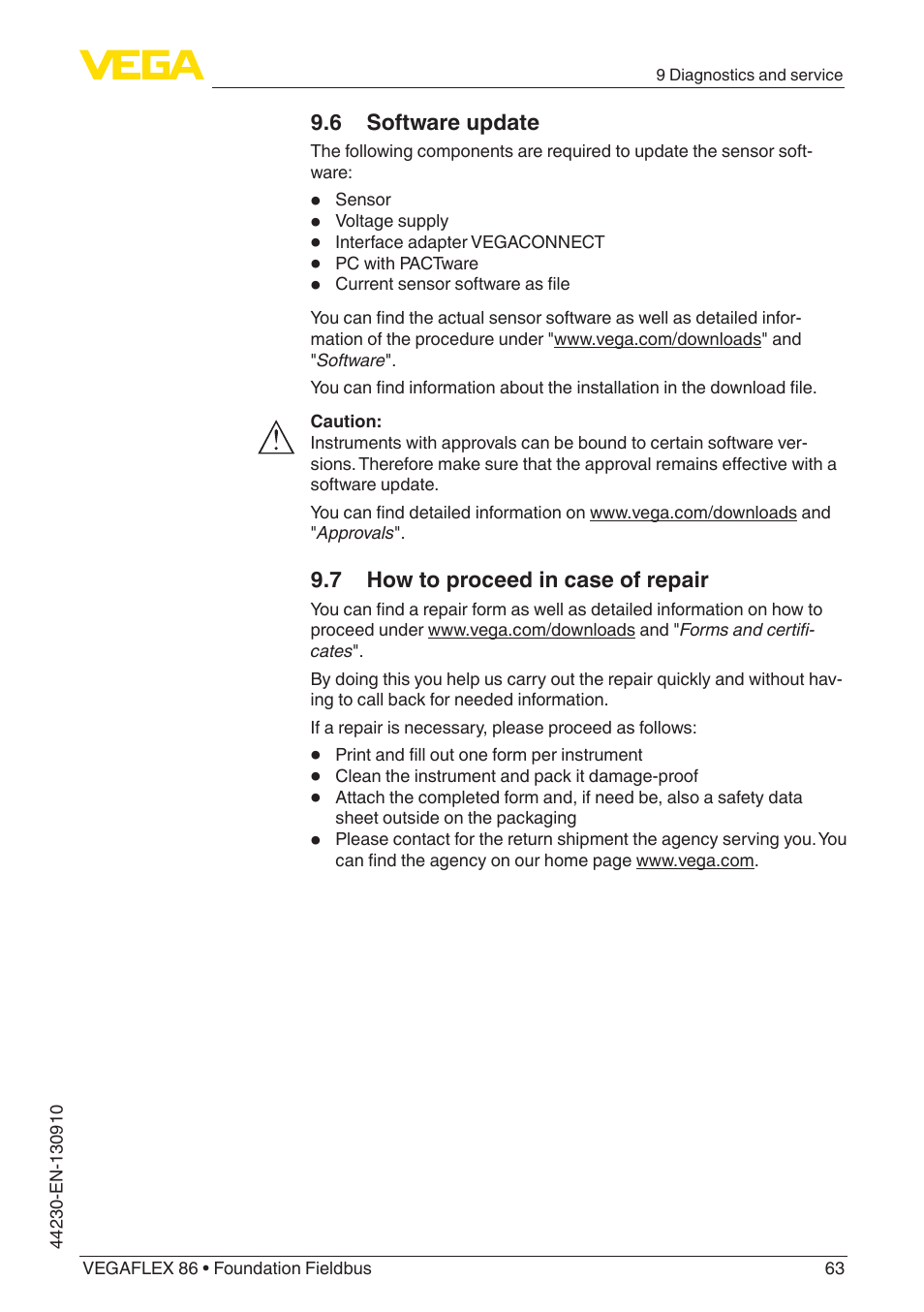 6 software update, 7 how to proceed in case of repair | VEGA VEGAFLEX 86 Foundation Fieldbus Coax probe User Manual | Page 63 / 92