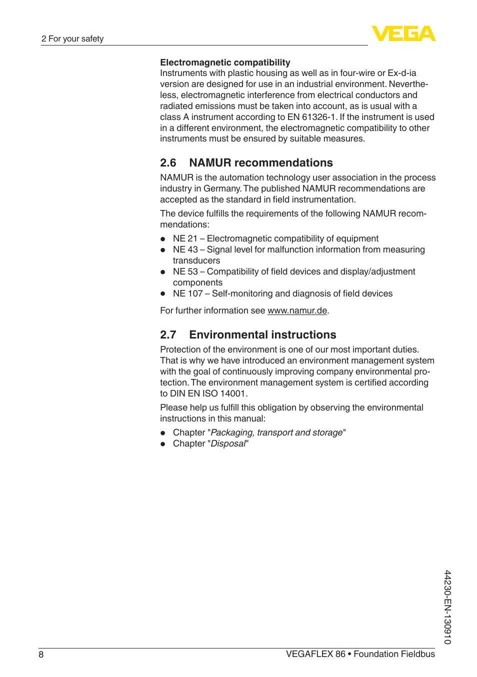 6 namur recommendations, 7 environmental instructions | VEGA VEGAFLEX 86 Foundation Fieldbus Coax probe User Manual | Page 8 / 92