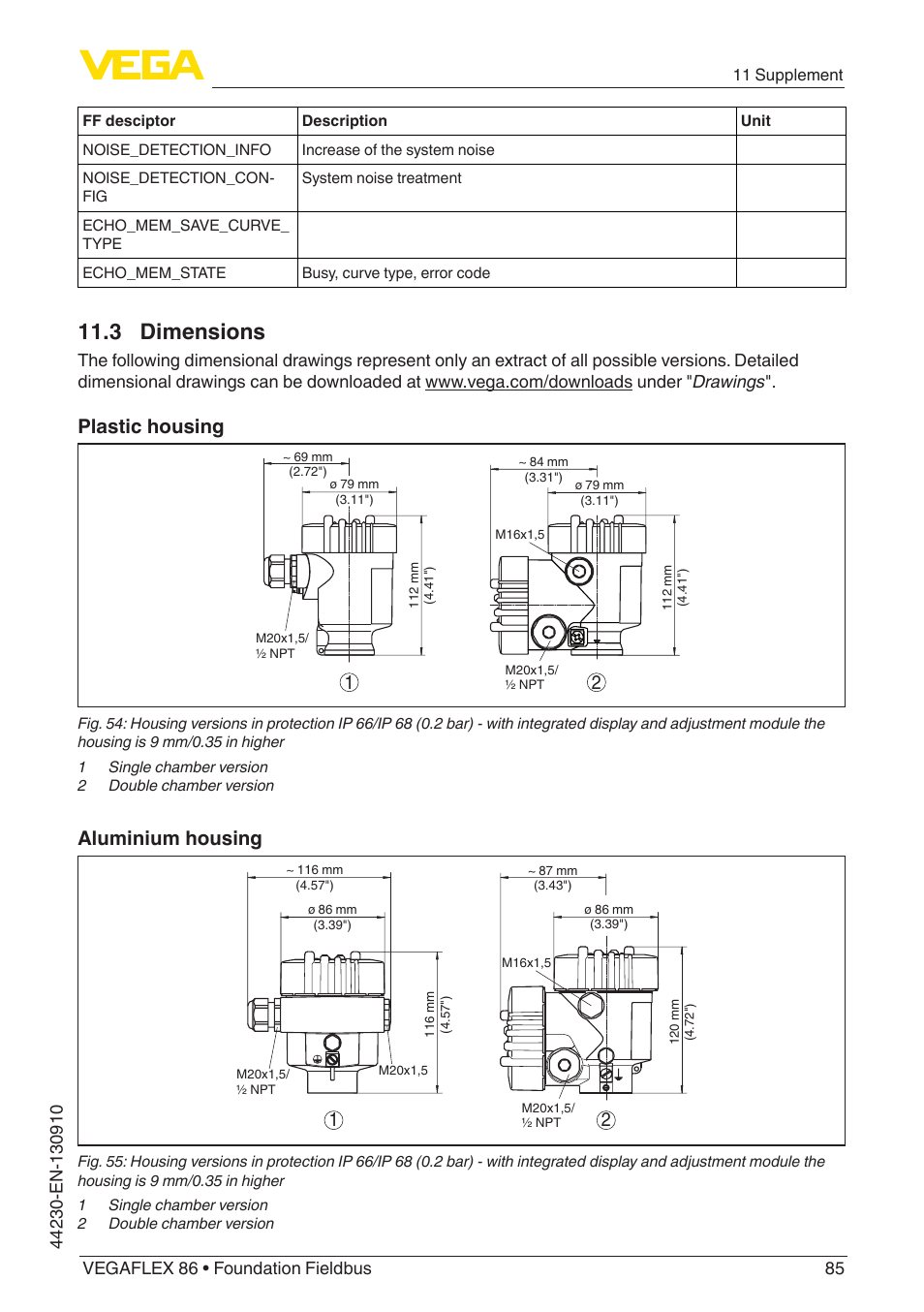 3 dimensions, Plastic housing, Aluminium housing | VEGA VEGAFLEX 86 Foundation Fieldbus Coax probe User Manual | Page 85 / 92