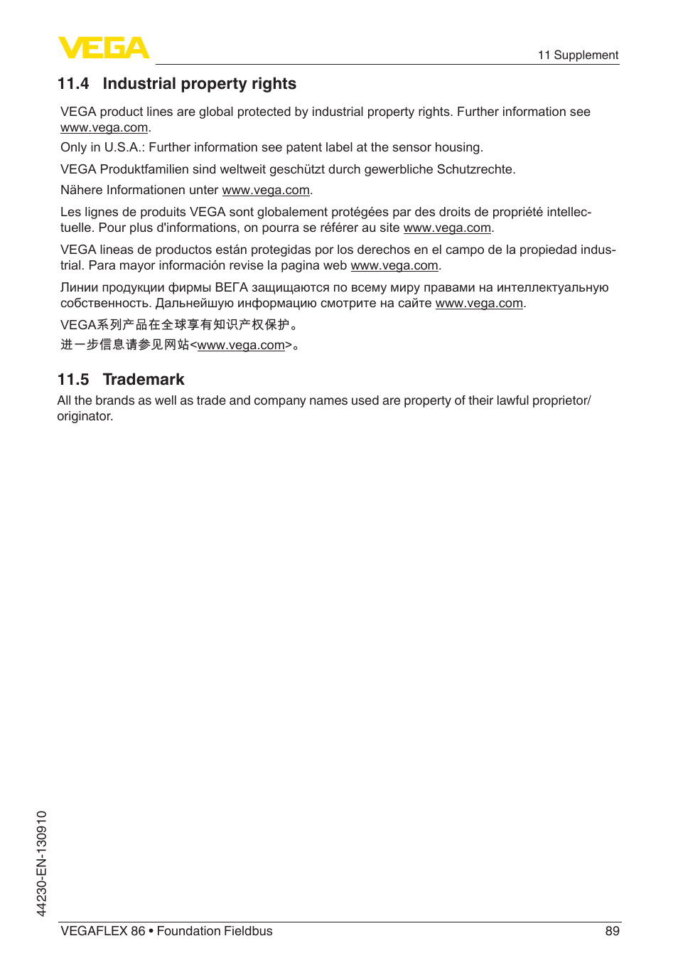 4 industrial property rights, 5 trademark | VEGA VEGAFLEX 86 Foundation Fieldbus Coax probe User Manual | Page 89 / 92