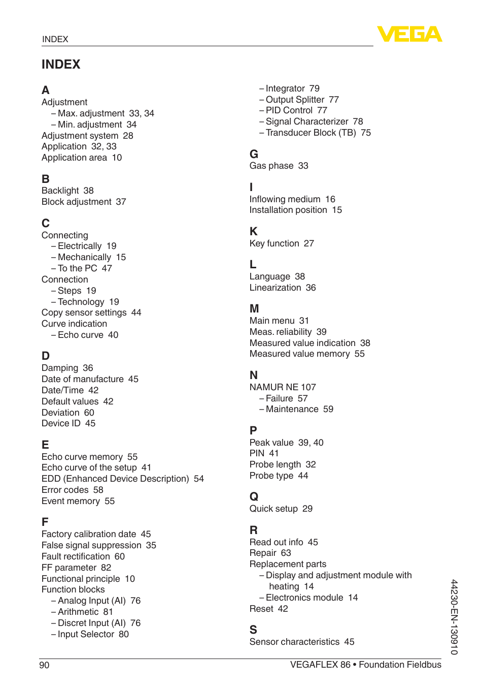 Index | VEGA VEGAFLEX 86 Foundation Fieldbus Coax probe User Manual | Page 90 / 92