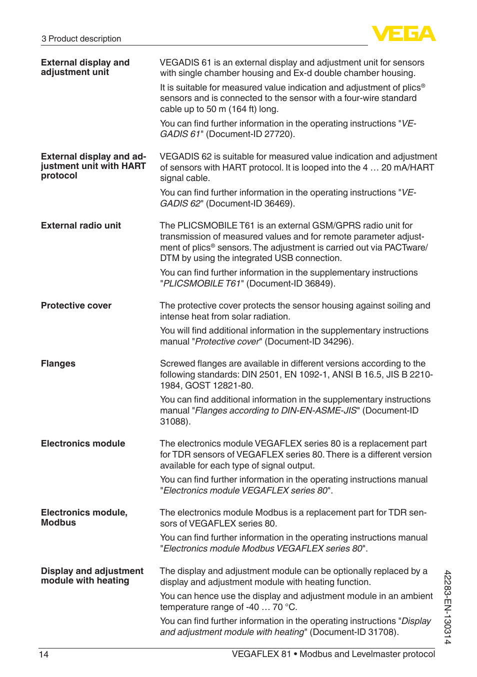 VEGA VEGAFLEX 81 Modbus and Levelmaster protocol Coax probe User Manual | Page 14 / 96