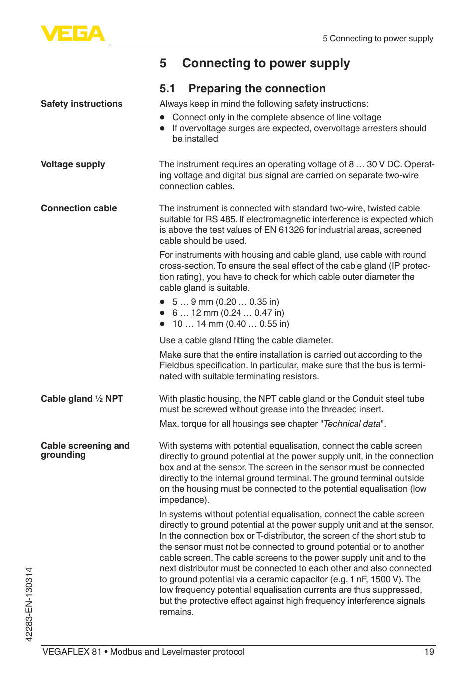 5 connecting to power supply | VEGA VEGAFLEX 81 Modbus and Levelmaster protocol Coax probe User Manual | Page 19 / 96