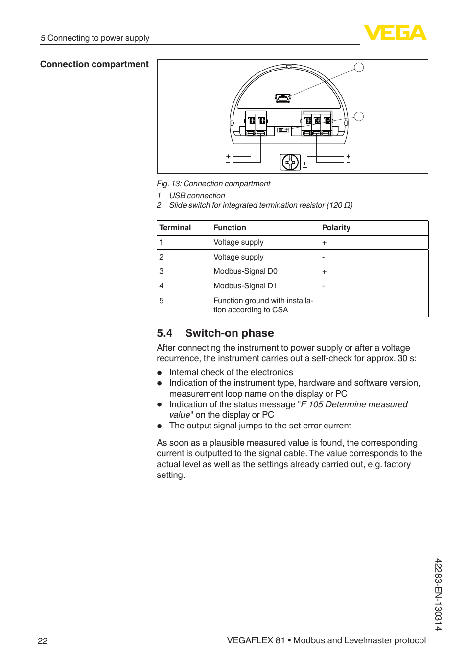 4 switch-on phase | VEGA VEGAFLEX 81 Modbus and Levelmaster protocol Coax probe User Manual | Page 22 / 96