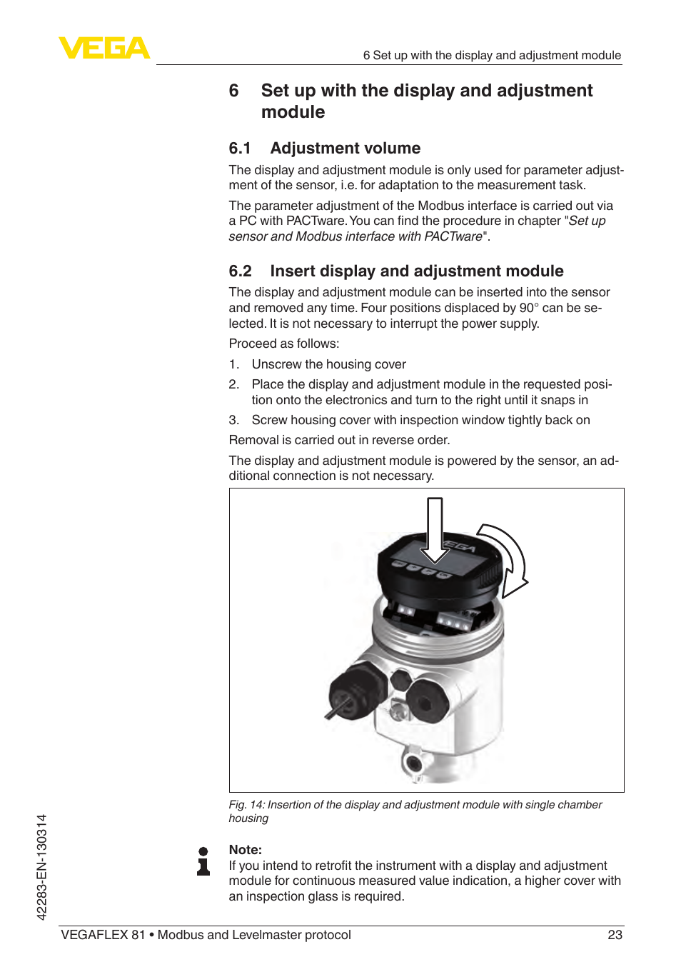 6 set up with the display and adjustment module, 1 adjustment volume, 2 insert display and adjustment module | VEGA VEGAFLEX 81 Modbus and Levelmaster protocol Coax probe User Manual | Page 23 / 96