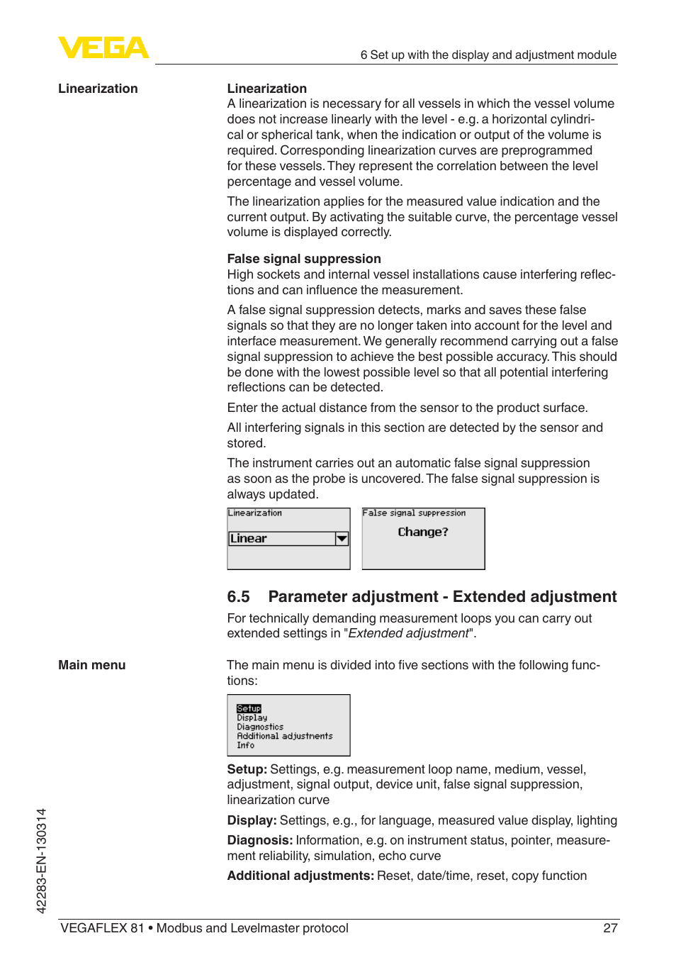 5 parameter adjustment - extended adjustment | VEGA VEGAFLEX 81 Modbus and Levelmaster protocol Coax probe User Manual | Page 27 / 96