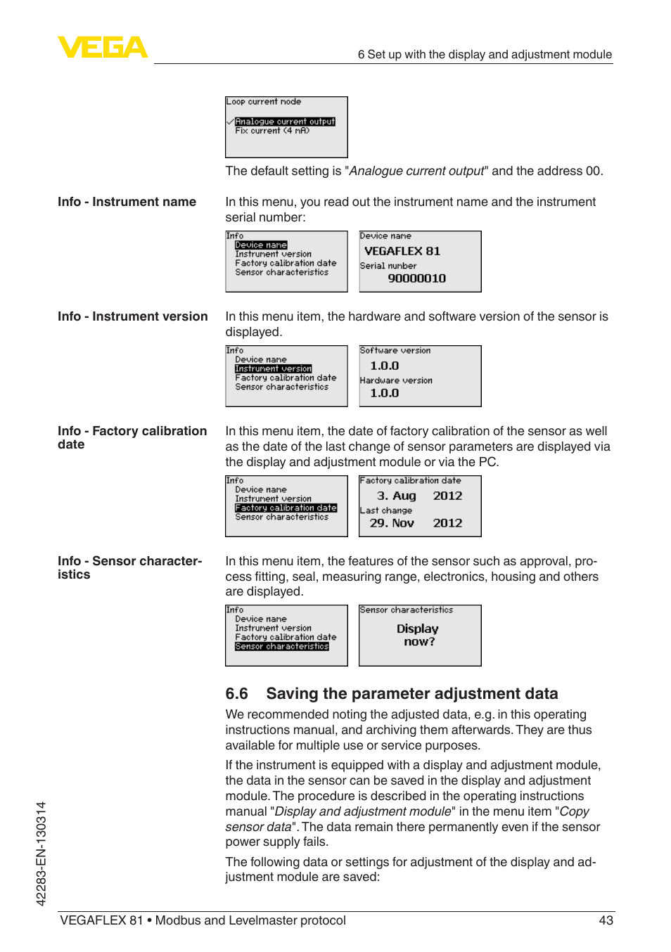 6 saving the parameter adjustment data | VEGA VEGAFLEX 81 Modbus and Levelmaster protocol Coax probe User Manual | Page 43 / 96