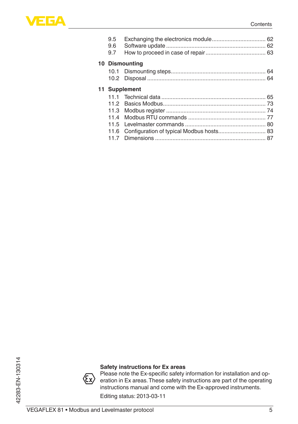 VEGA VEGAFLEX 81 Modbus and Levelmaster protocol Coax probe User Manual | Page 5 / 96