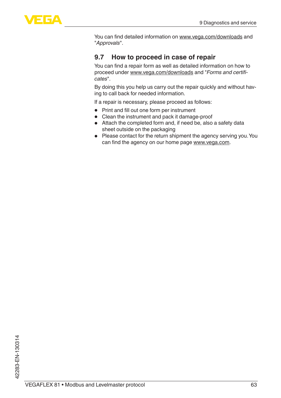 VEGA VEGAFLEX 81 Modbus and Levelmaster protocol Coax probe User Manual | Page 63 / 96