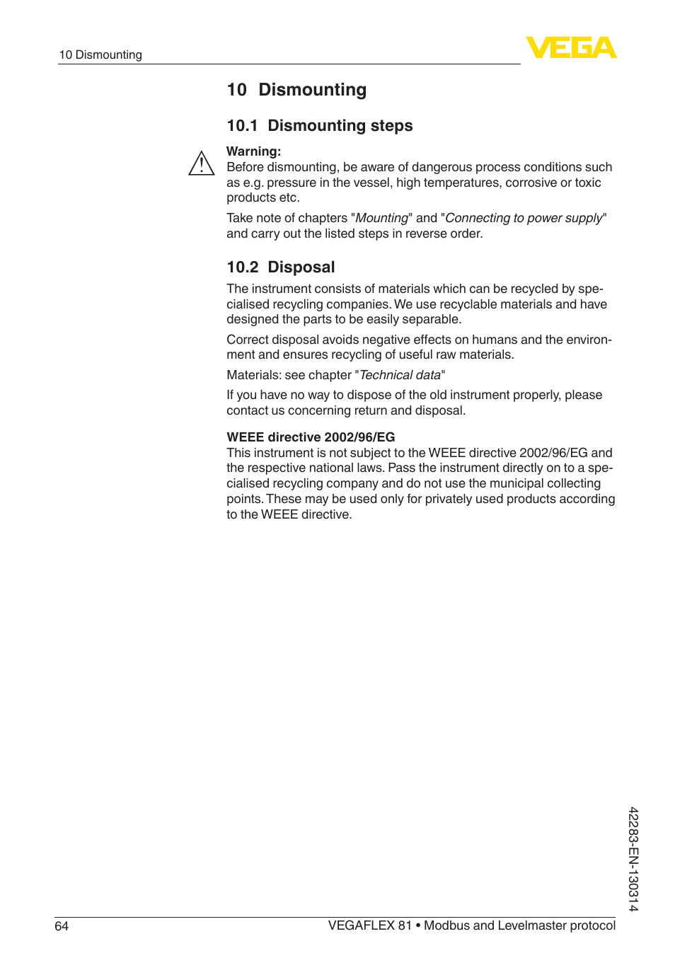 10 dismounting | VEGA VEGAFLEX 81 Modbus and Levelmaster protocol Coax probe User Manual | Page 64 / 96