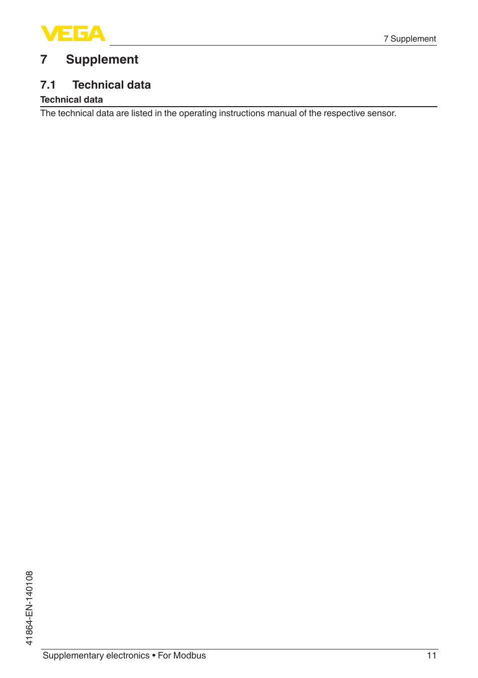 7 supplement, 1 technical data | VEGA Supplementary electronics For Modbus User Manual | Page 11 / 12