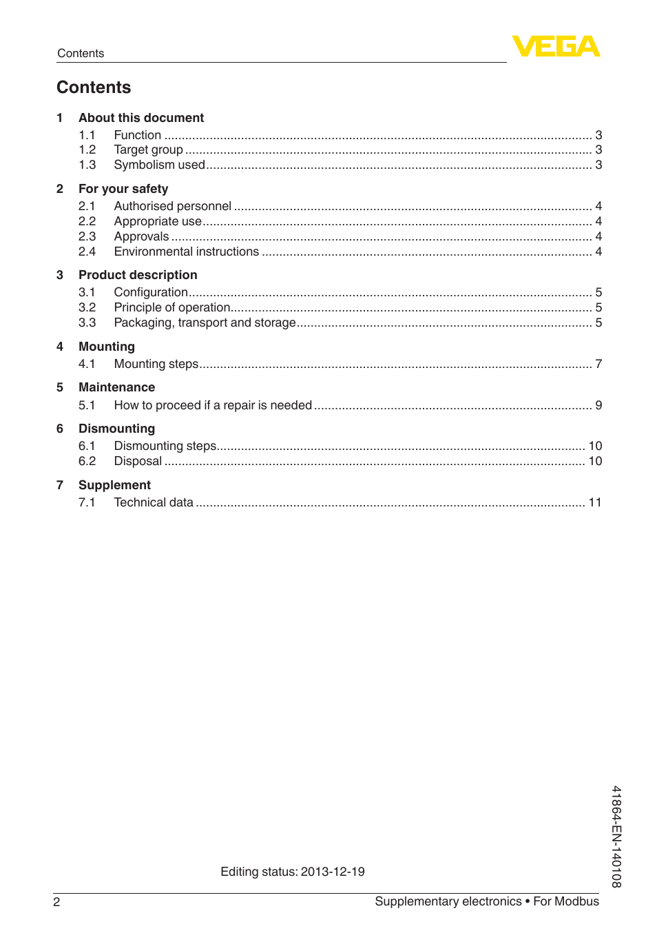VEGA Supplementary electronics For Modbus User Manual | Page 2 / 12