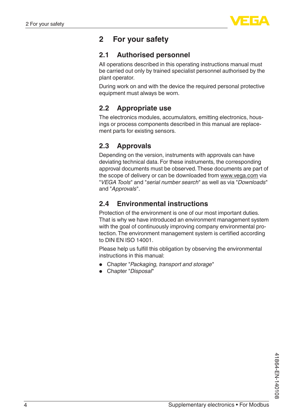 2 for your safety, 1 authorised personnel, 2 appropriate use | 3 approvals, 4 environmental instructions | VEGA Supplementary electronics For Modbus User Manual | Page 4 / 12