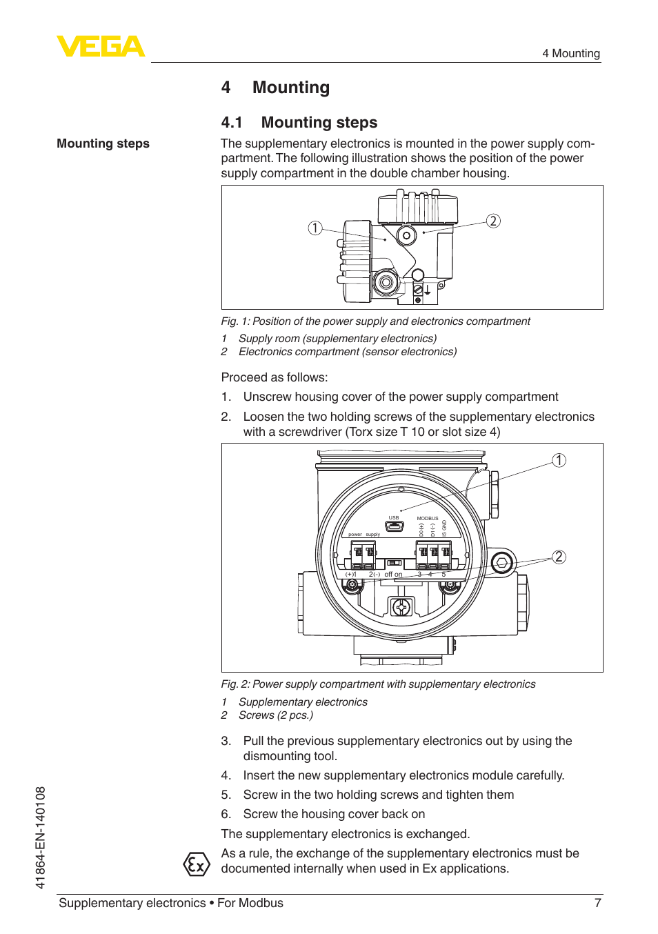 4 mounting, 1 mounting steps | VEGA Supplementary electronics For Modbus User Manual | Page 7 / 12