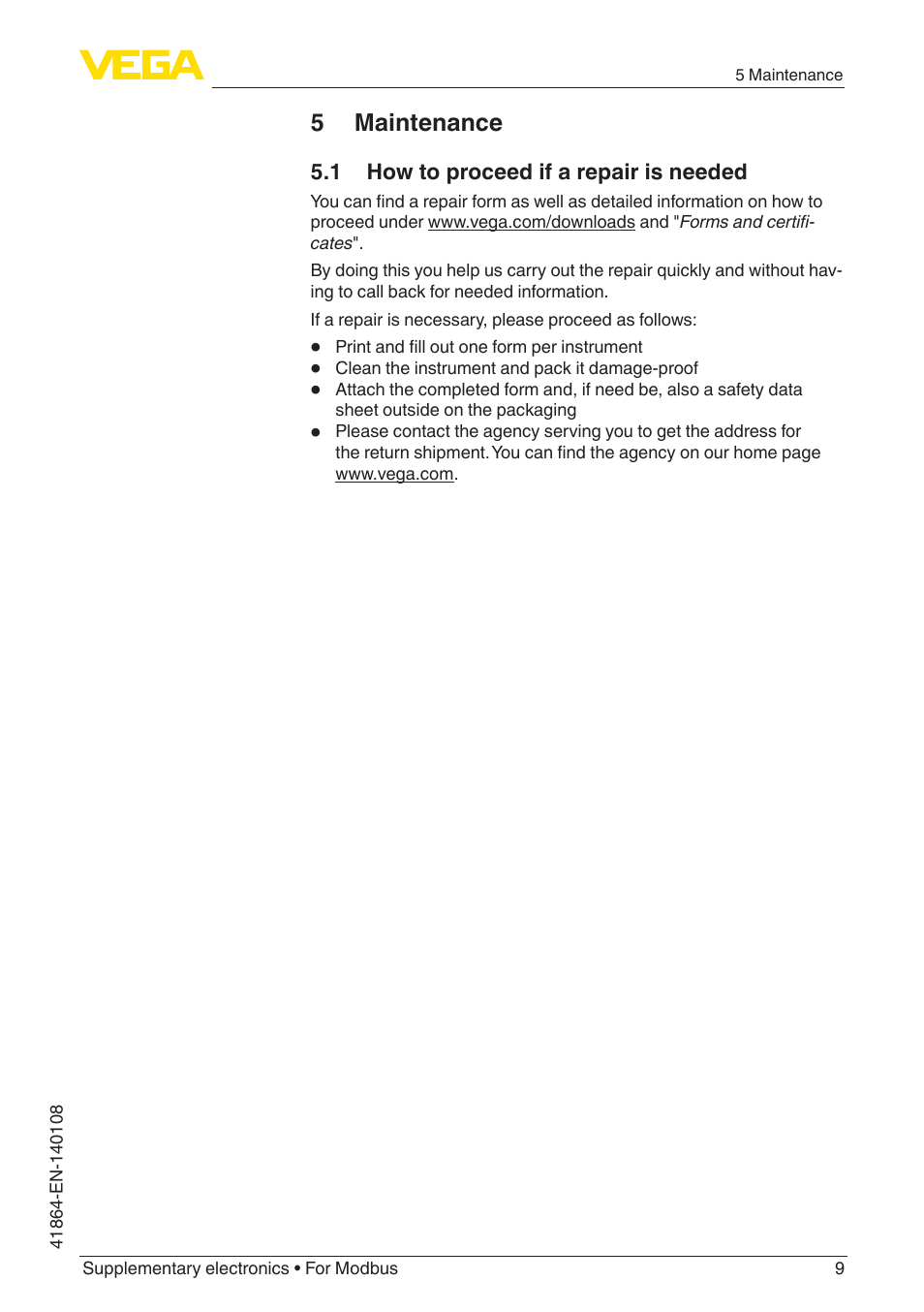 5 maintenance, 1 how to proceed if a repair is needed | VEGA Supplementary electronics For Modbus User Manual | Page 9 / 12
