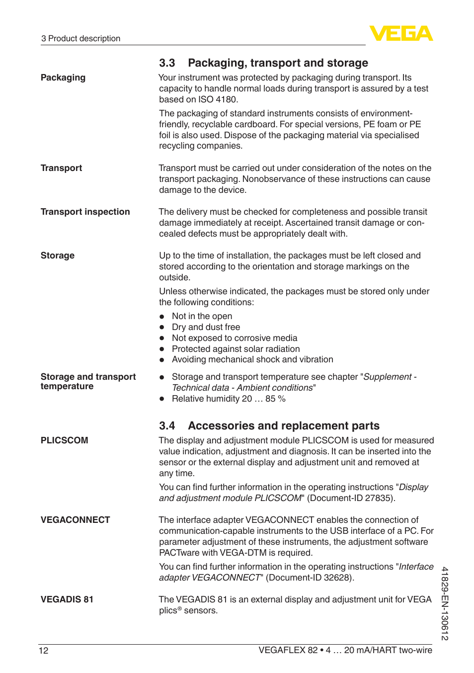 3 packaging, transport and storage, 4 accessories and replacement parts | VEGA VEGAFLEX 82 4 … 20 mA_HART two-wire User Manual | Page 12 / 96