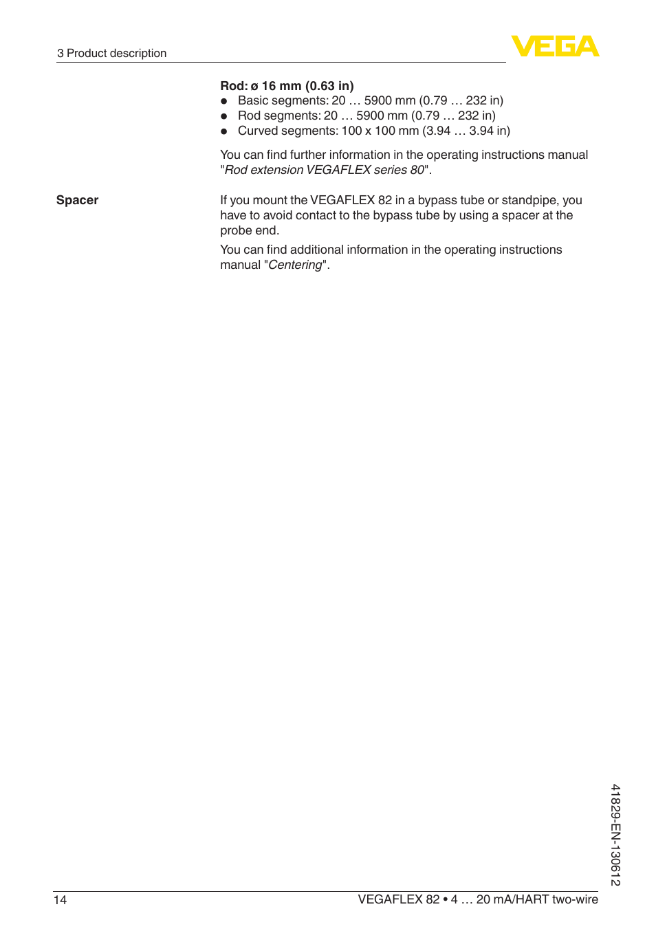 VEGA VEGAFLEX 82 4 … 20 mA_HART two-wire User Manual | Page 14 / 96