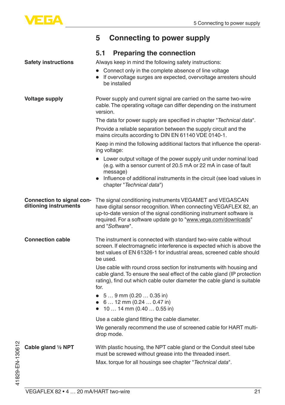 5 connecting to power supply, 1 preparing the connection | VEGA VEGAFLEX 82 4 … 20 mA_HART two-wire User Manual | Page 21 / 96