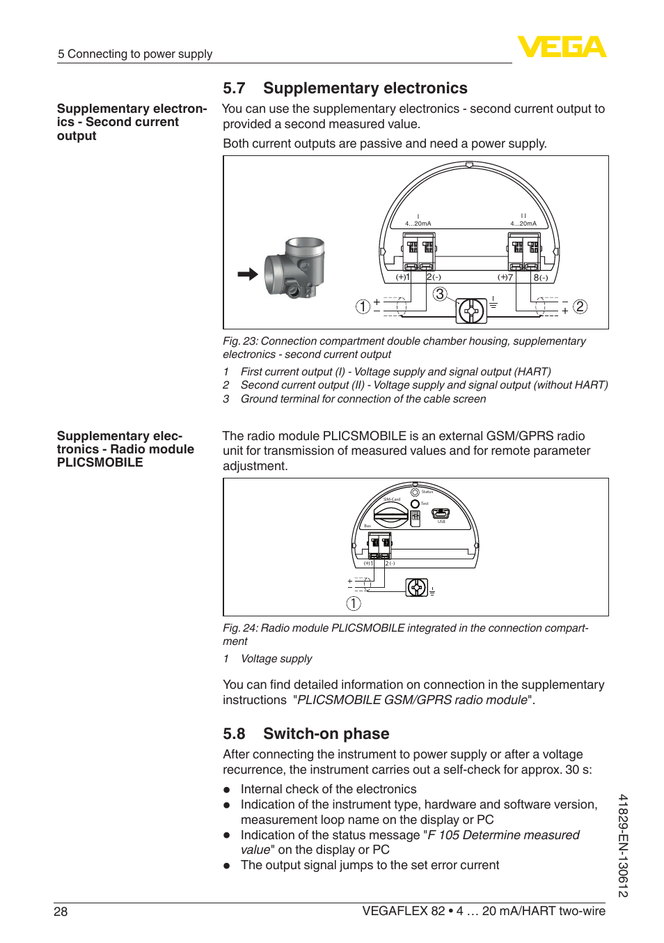 7 supplementary electronics, 8 switch-on phase | VEGA VEGAFLEX 82 4 … 20 mA_HART two-wire User Manual | Page 28 / 96