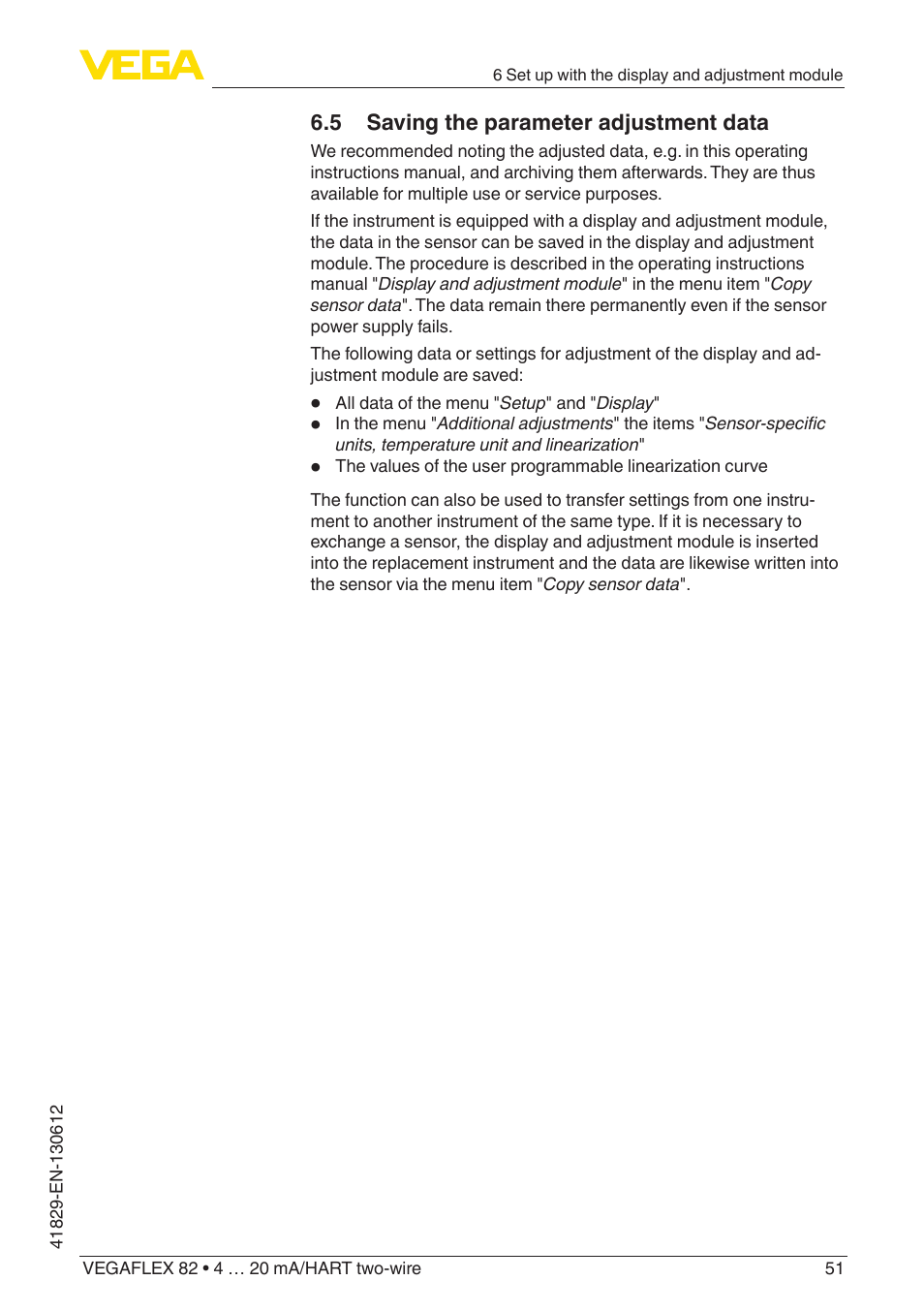 5 saving the parameter adjustment data | VEGA VEGAFLEX 82 4 … 20 mA_HART two-wire User Manual | Page 51 / 96