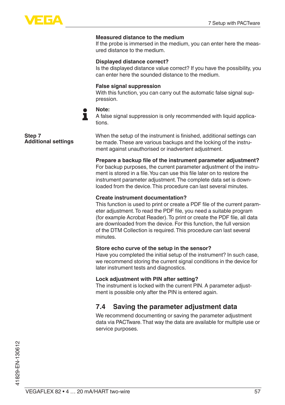 4 saving the parameter adjustment data | VEGA VEGAFLEX 82 4 … 20 mA_HART two-wire User Manual | Page 57 / 96
