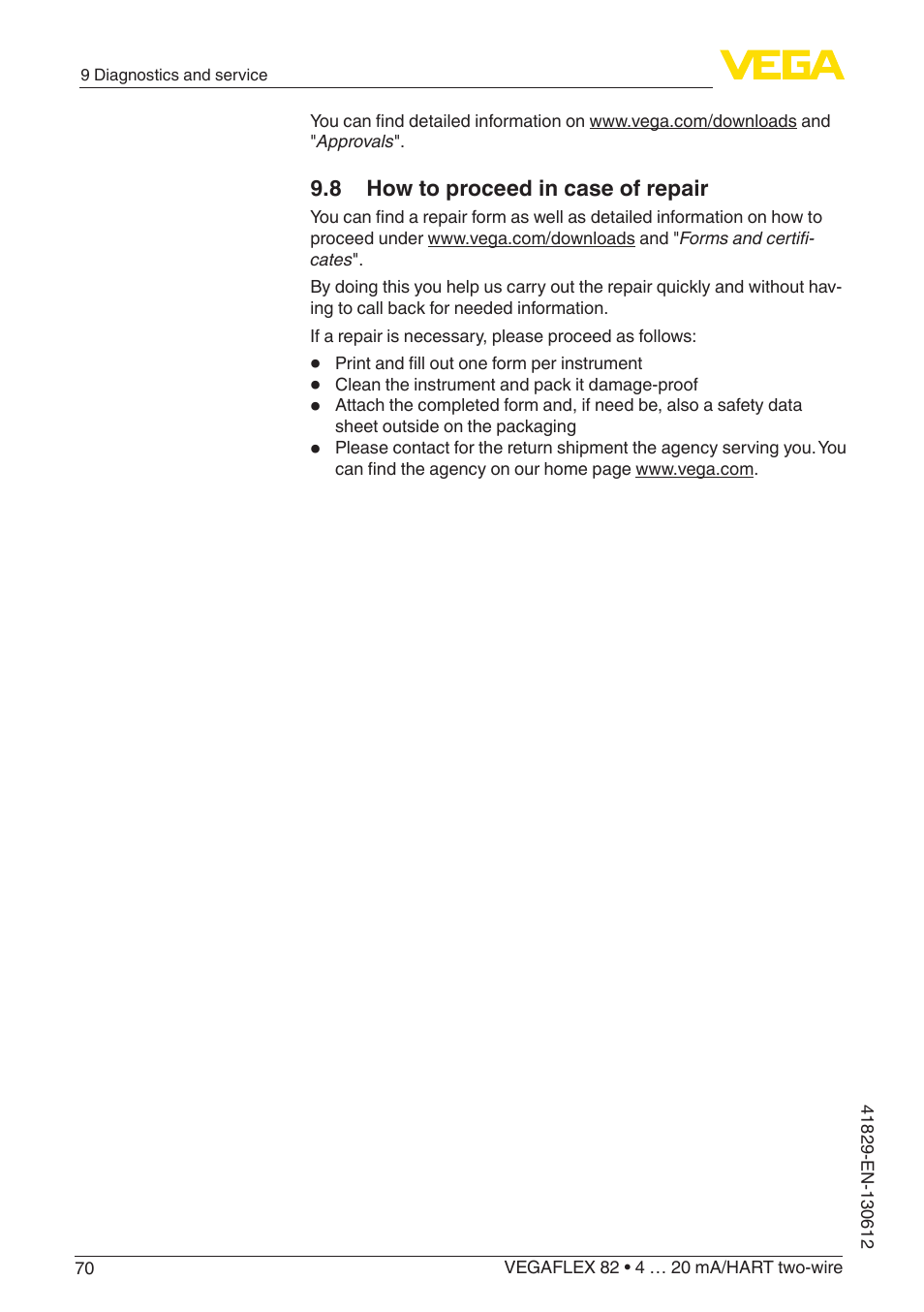 8 how to proceed in case of repair | VEGA VEGAFLEX 82 4 … 20 mA_HART two-wire User Manual | Page 70 / 96