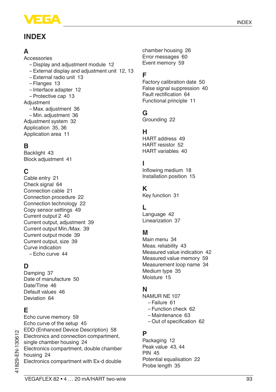 Index | VEGA VEGAFLEX 82 4 … 20 mA_HART two-wire User Manual | Page 93 / 96
