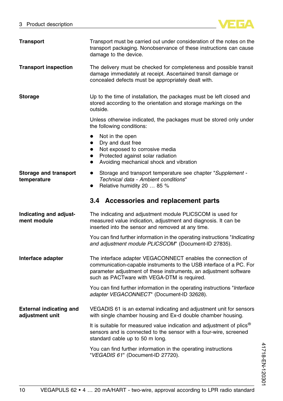 4 accessories and replacement parts | VEGA VEGAPULS 62 (≥ 2.0.0 - ≥ 4.0.0) 4 … 20 mA_HART - two-wire, approval according to LPR radio standard User Manual | Page 10 / 88
