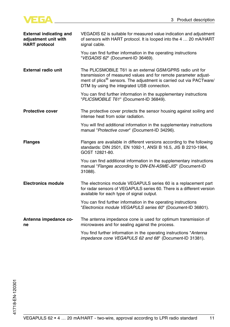 VEGA VEGAPULS 62 (≥ 2.0.0 - ≥ 4.0.0) 4 … 20 mA_HART - two-wire, approval according to LPR radio standard User Manual | Page 11 / 88