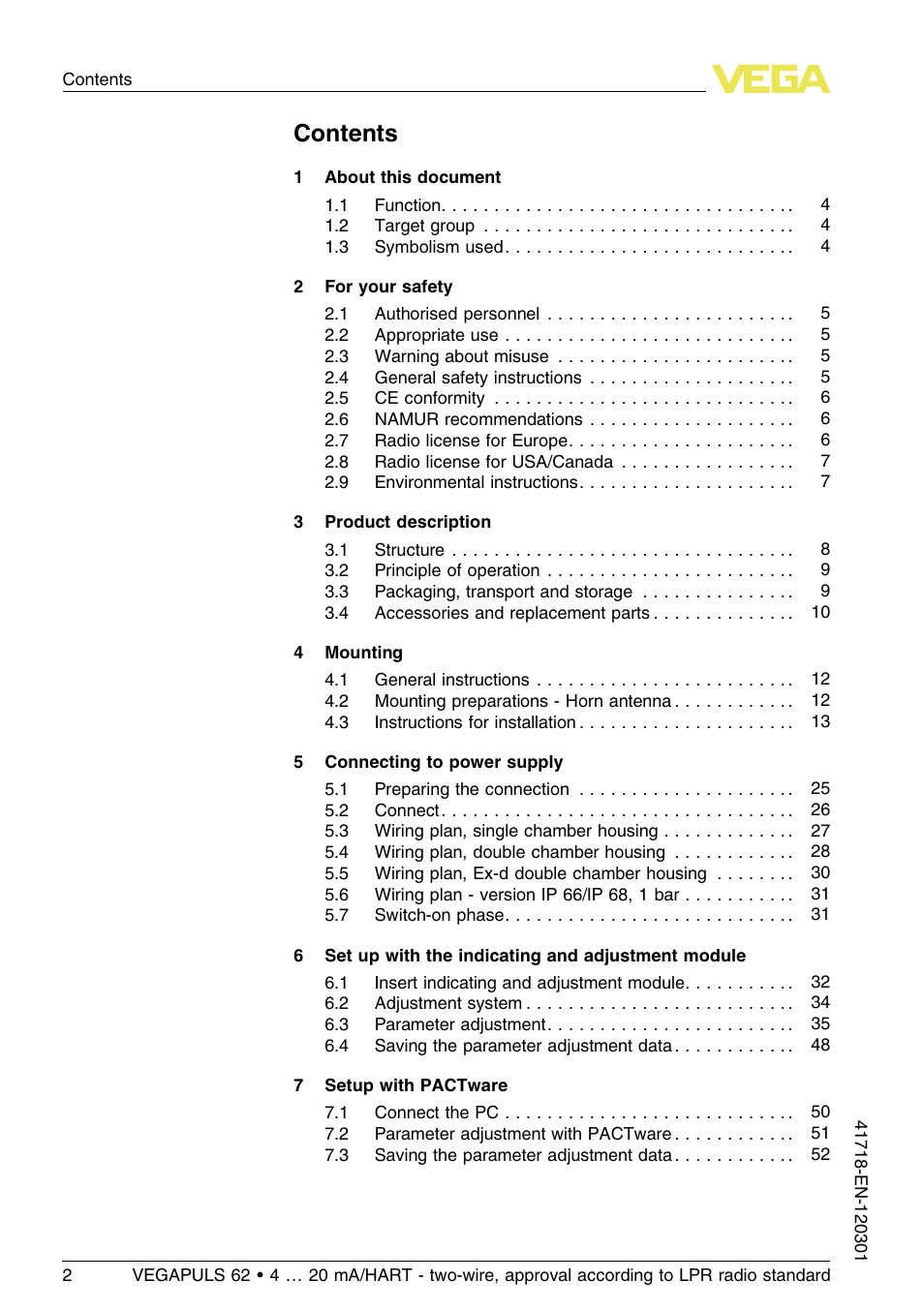 VEGA VEGAPULS 62 (≥ 2.0.0 - ≥ 4.0.0) 4 … 20 mA_HART - two-wire, approval according to LPR radio standard User Manual | Page 2 / 88