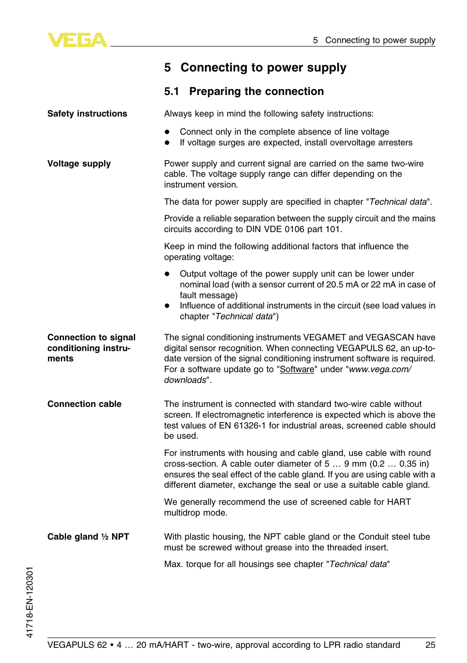 5 connecting to power supply, 1 preparing the connection, 5connecting to power supply | VEGA VEGAPULS 62 (≥ 2.0.0 - ≥ 4.0.0) 4 … 20 mA_HART - two-wire, approval according to LPR radio standard User Manual | Page 25 / 88