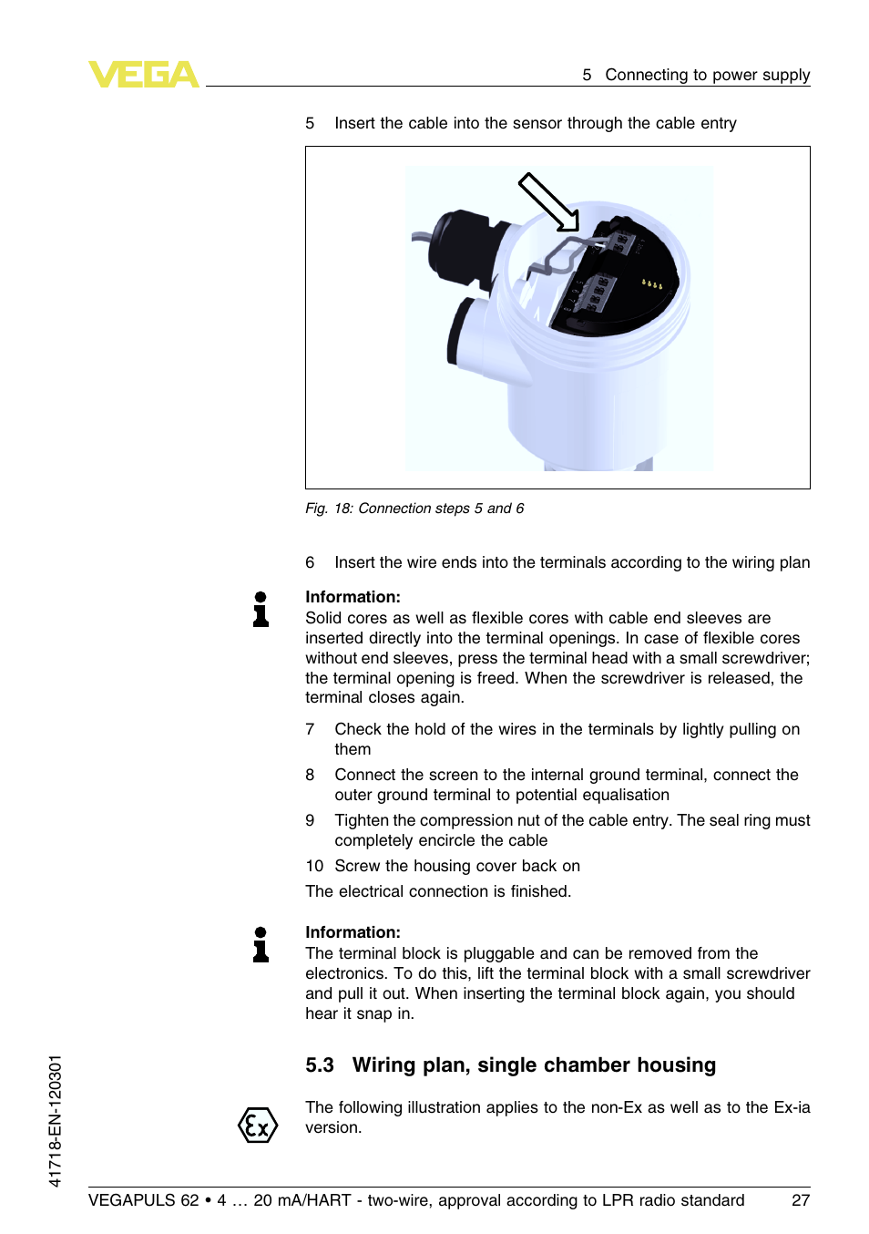 3 wiring plan, single chamber housing | VEGA VEGAPULS 62 (≥ 2.0.0 - ≥ 4.0.0) 4 … 20 mA_HART - two-wire, approval according to LPR radio standard User Manual | Page 27 / 88