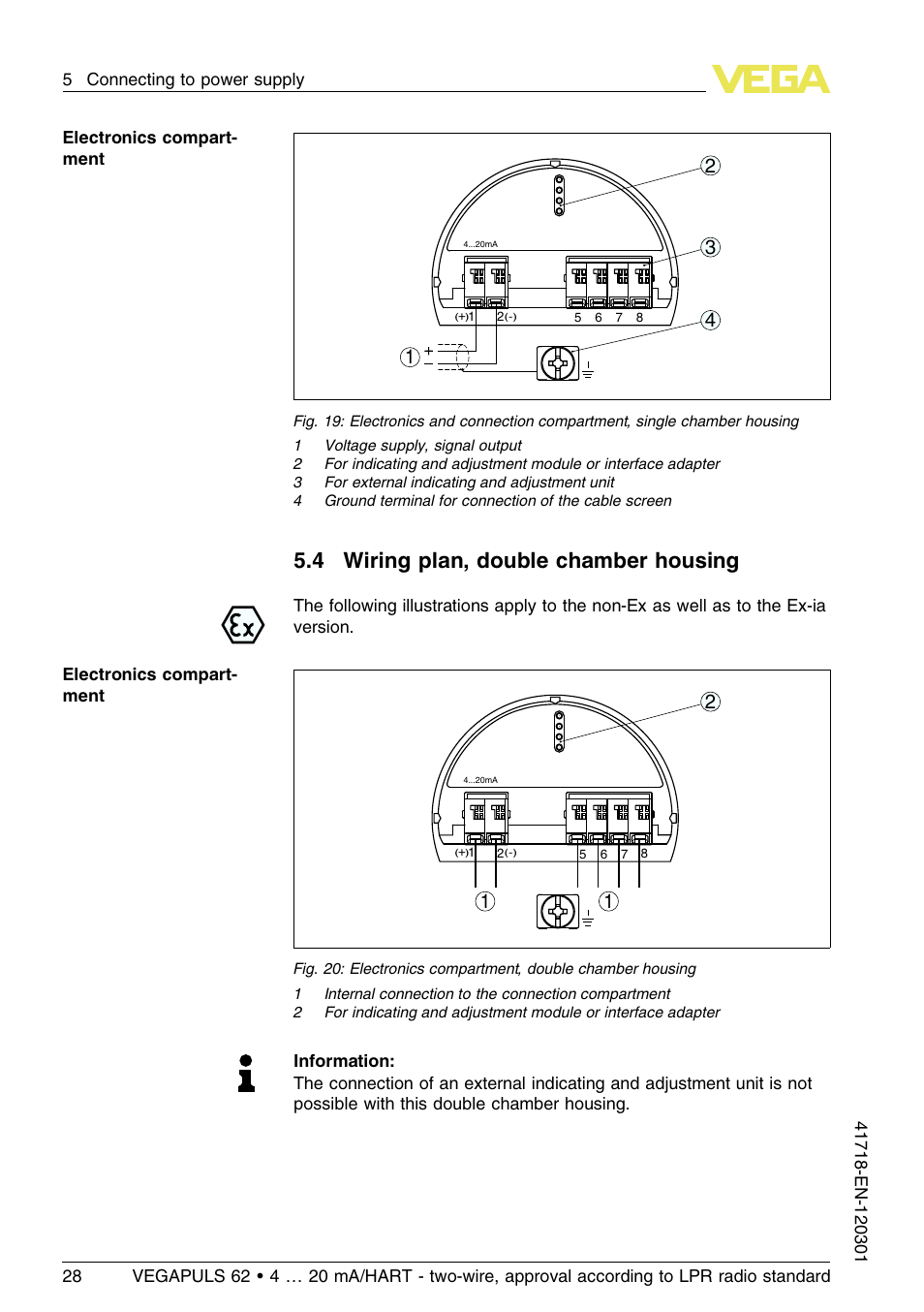 4 wiring plan, double chamber housing | VEGA VEGAPULS 62 (≥ 2.0.0 - ≥ 4.0.0) 4 … 20 mA_HART - two-wire, approval according to LPR radio standard User Manual | Page 28 / 88