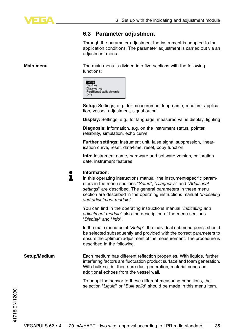 3 parameter adjustment | VEGA VEGAPULS 62 (≥ 2.0.0 - ≥ 4.0.0) 4 … 20 mA_HART - two-wire, approval according to LPR radio standard User Manual | Page 35 / 88