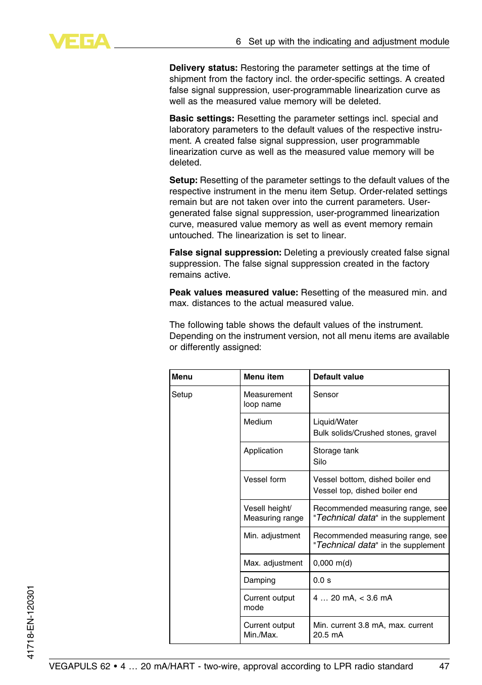 VEGA VEGAPULS 62 (≥ 2.0.0 - ≥ 4.0.0) 4 … 20 mA_HART - two-wire, approval according to LPR radio standard User Manual | Page 47 / 88