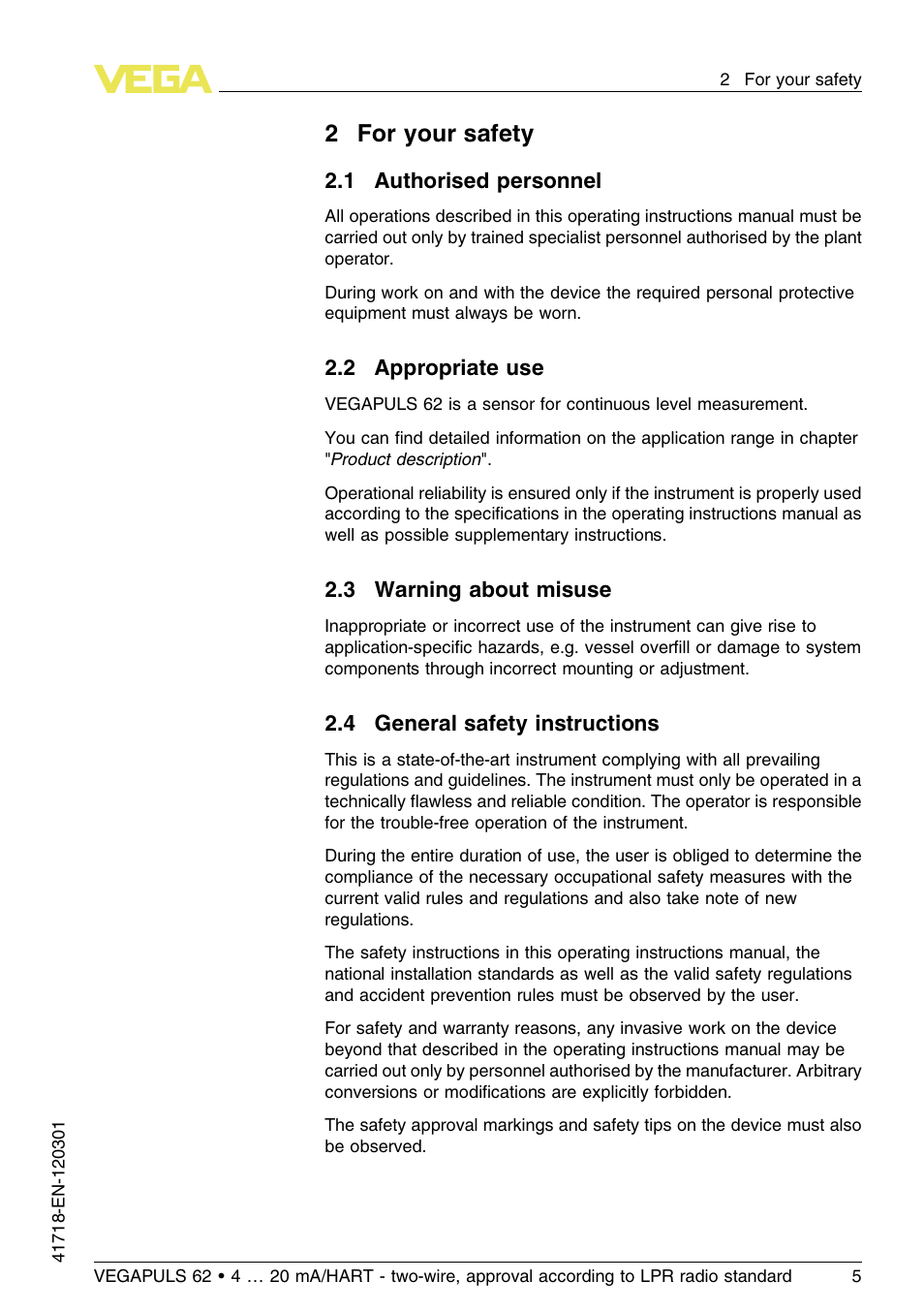 2 for your safety, 1 authorised personnel, 2 appropriate use | 3 warning about misuse, 4 general safety instructions, 2for your safety | VEGA VEGAPULS 62 (≥ 2.0.0 - ≥ 4.0.0) 4 … 20 mA_HART - two-wire, approval according to LPR radio standard User Manual | Page 5 / 88