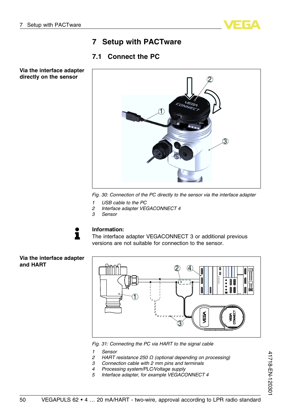 7 setup with pactware, 1 connect the pc, 7setup with pactware | 1 connect the pc 3 1 2 | VEGA VEGAPULS 62 (≥ 2.0.0 - ≥ 4.0.0) 4 … 20 mA_HART - two-wire, approval according to LPR radio standard User Manual | Page 50 / 88